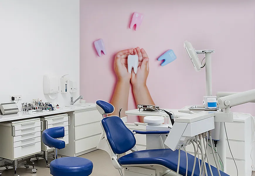 کاغذ دیواری سه بعدی مطب دندانپزشکی طرح دندان شیری